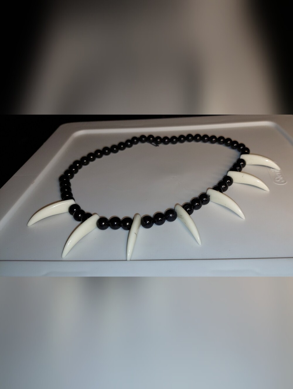 Black Bead Necklace with White Fang Pendants - Women Jewelry Adjustable